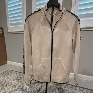 St. John Sport Elegant Cream Zip-Up Sweater with Black Trim - Size Small